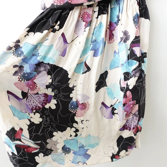 Floral Silk Dress Size Small White Mini Botanical Ruffle Cross Back Sheer Boho - Picture 12 of 16